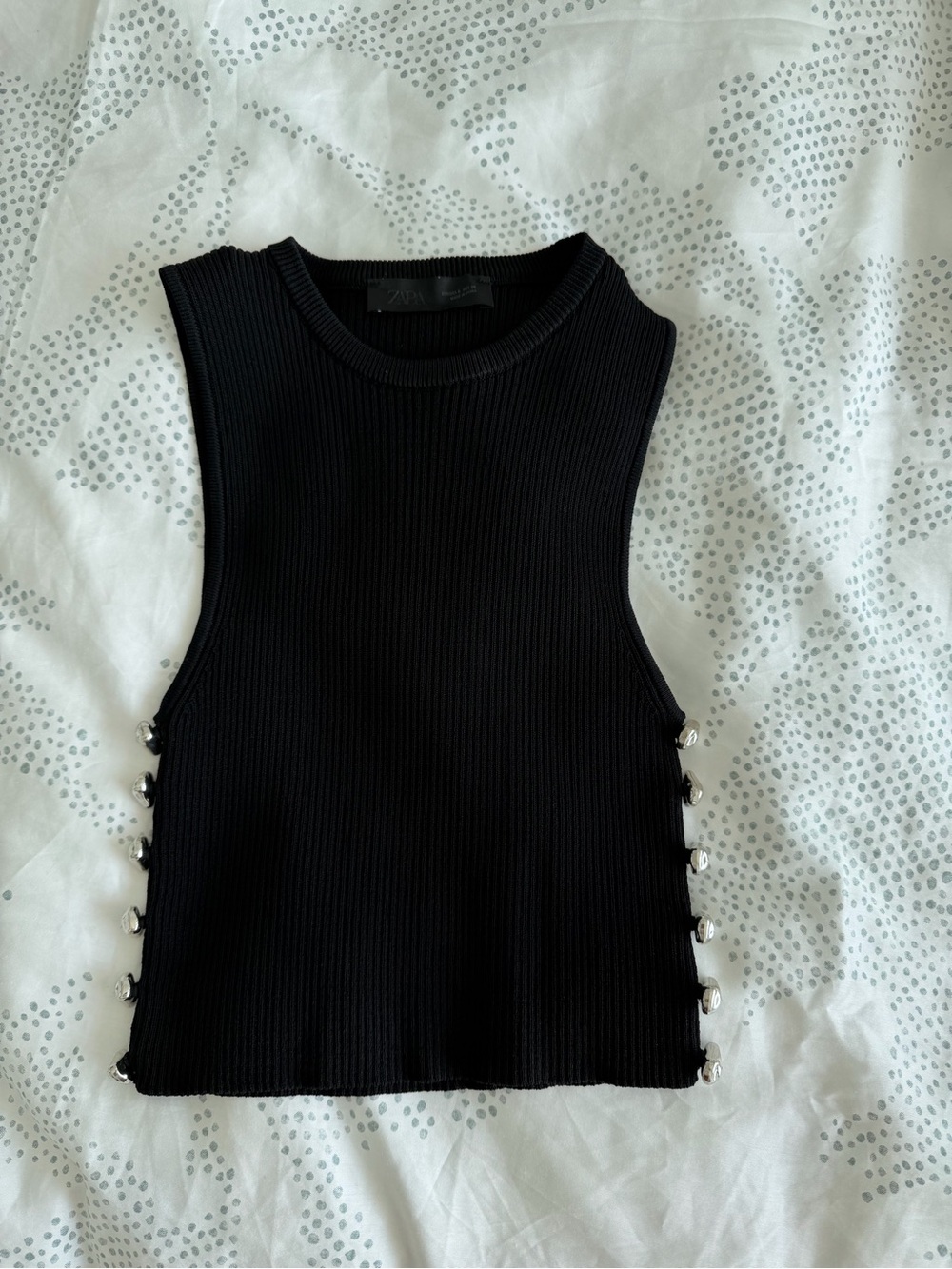 Zara Black Ribbed Knit Top with Side Silver Details